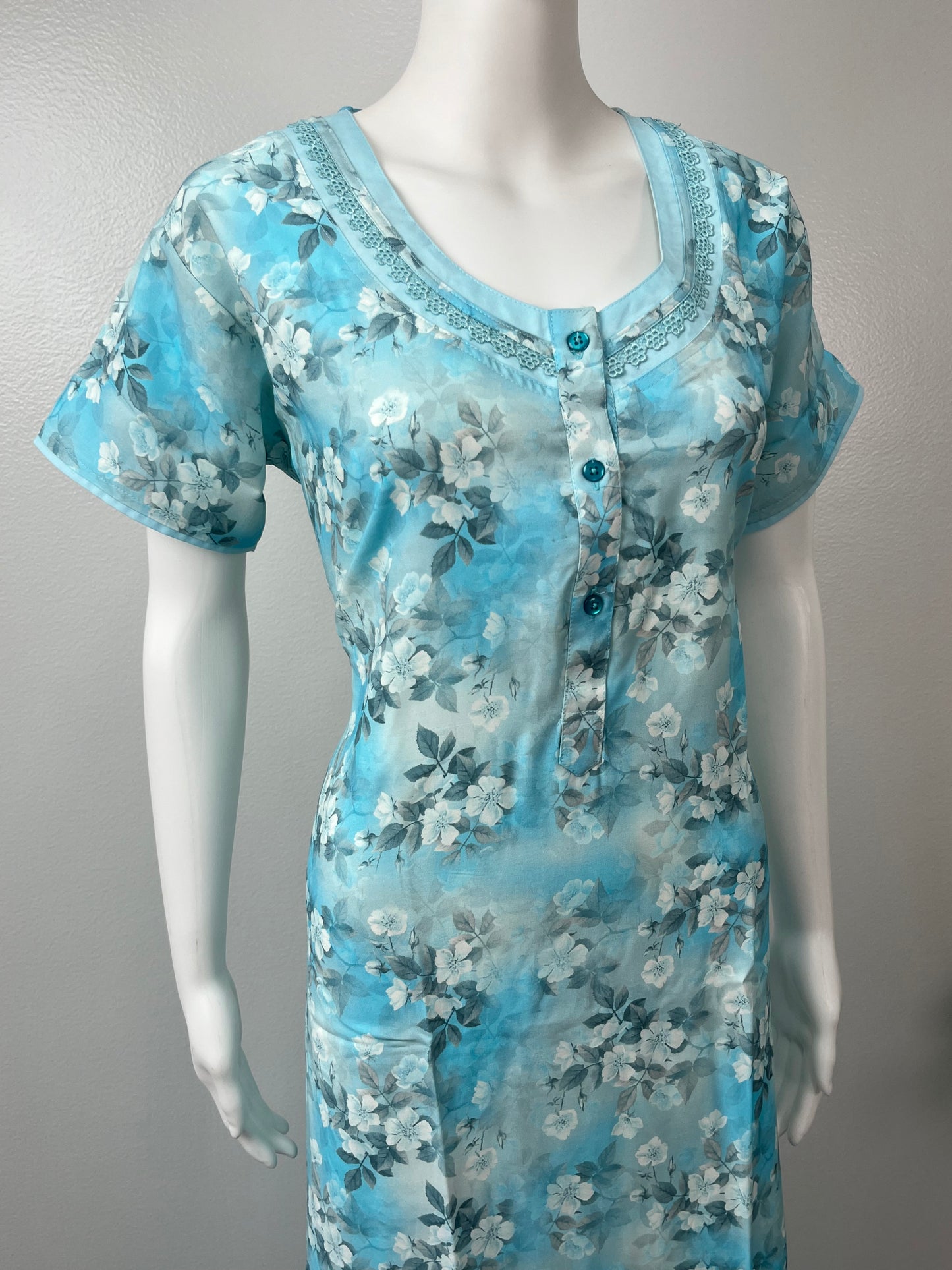 Sky Blue Floral Rayon Fabric Nightgown Silky Texture