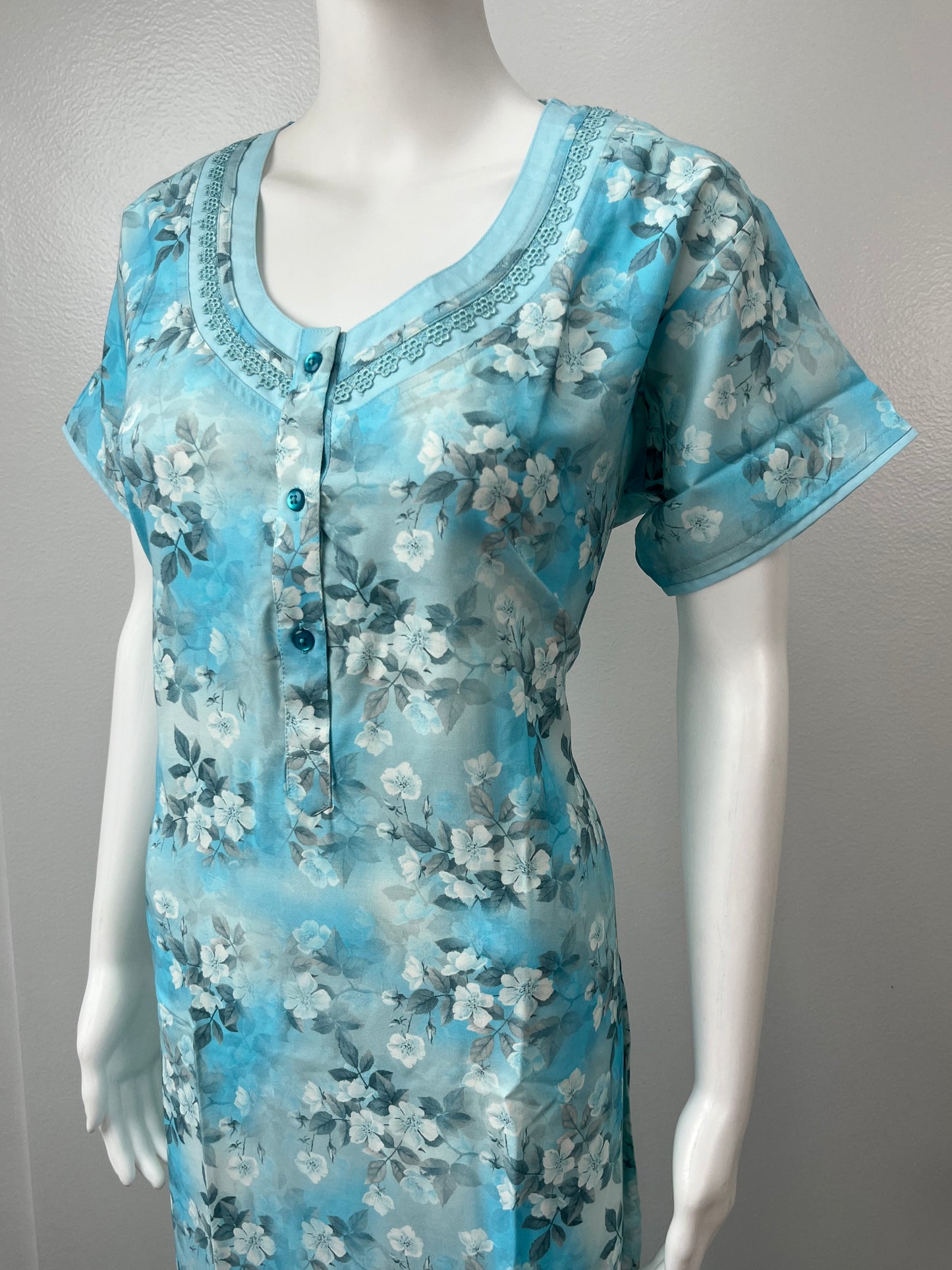 Sky Blue Floral Rayon Fabric Nightgown Silky Texture