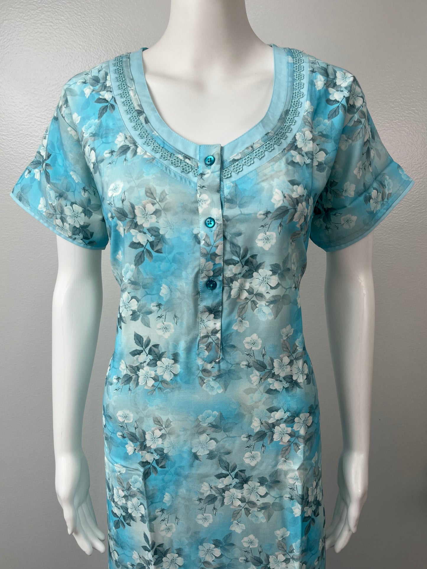 Sky Blue Floral Rayon Fabric Nightgown Silky Texture