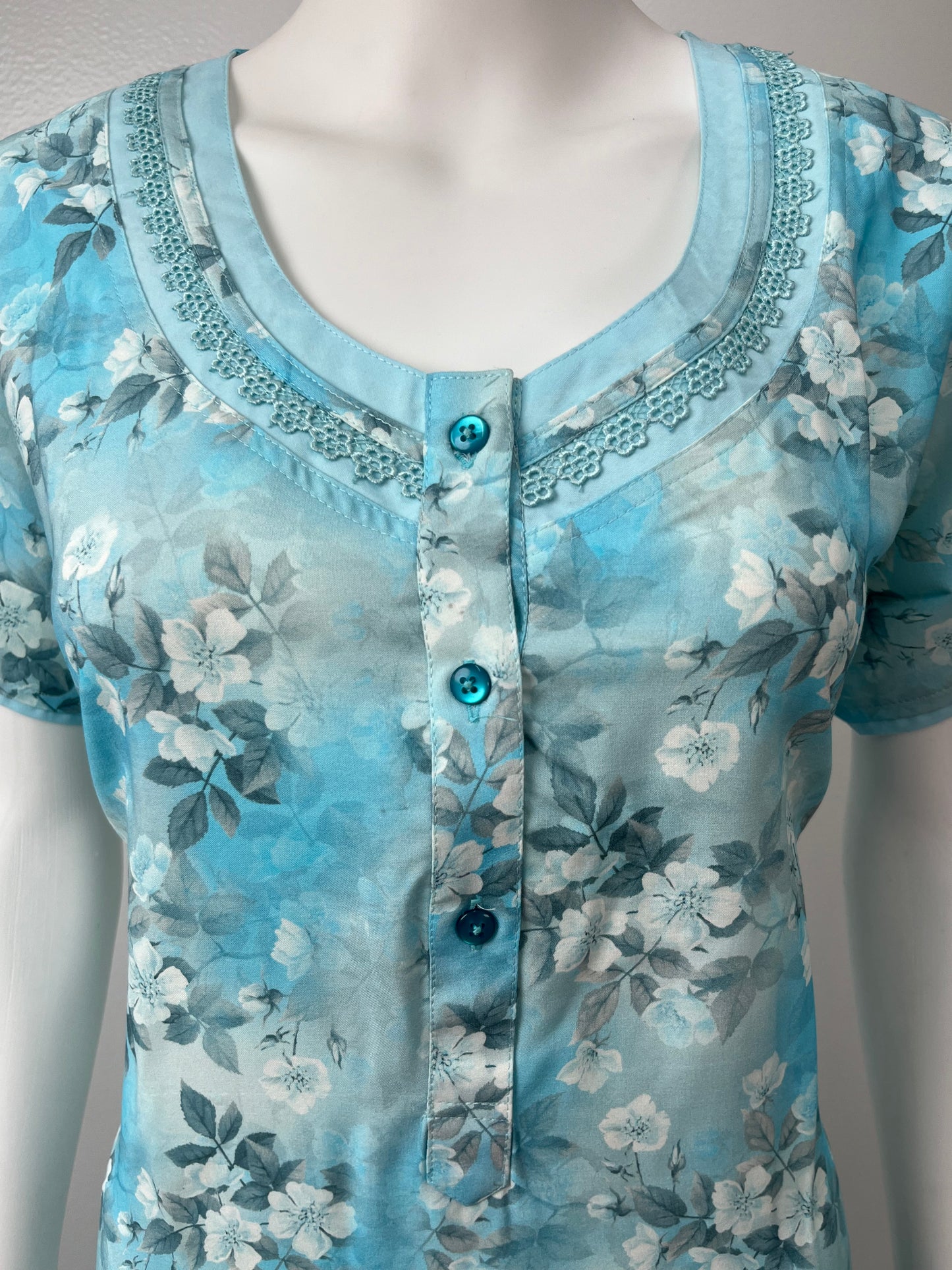 Sky Blue Floral Rayon Fabric Nightgown Silky Texture
