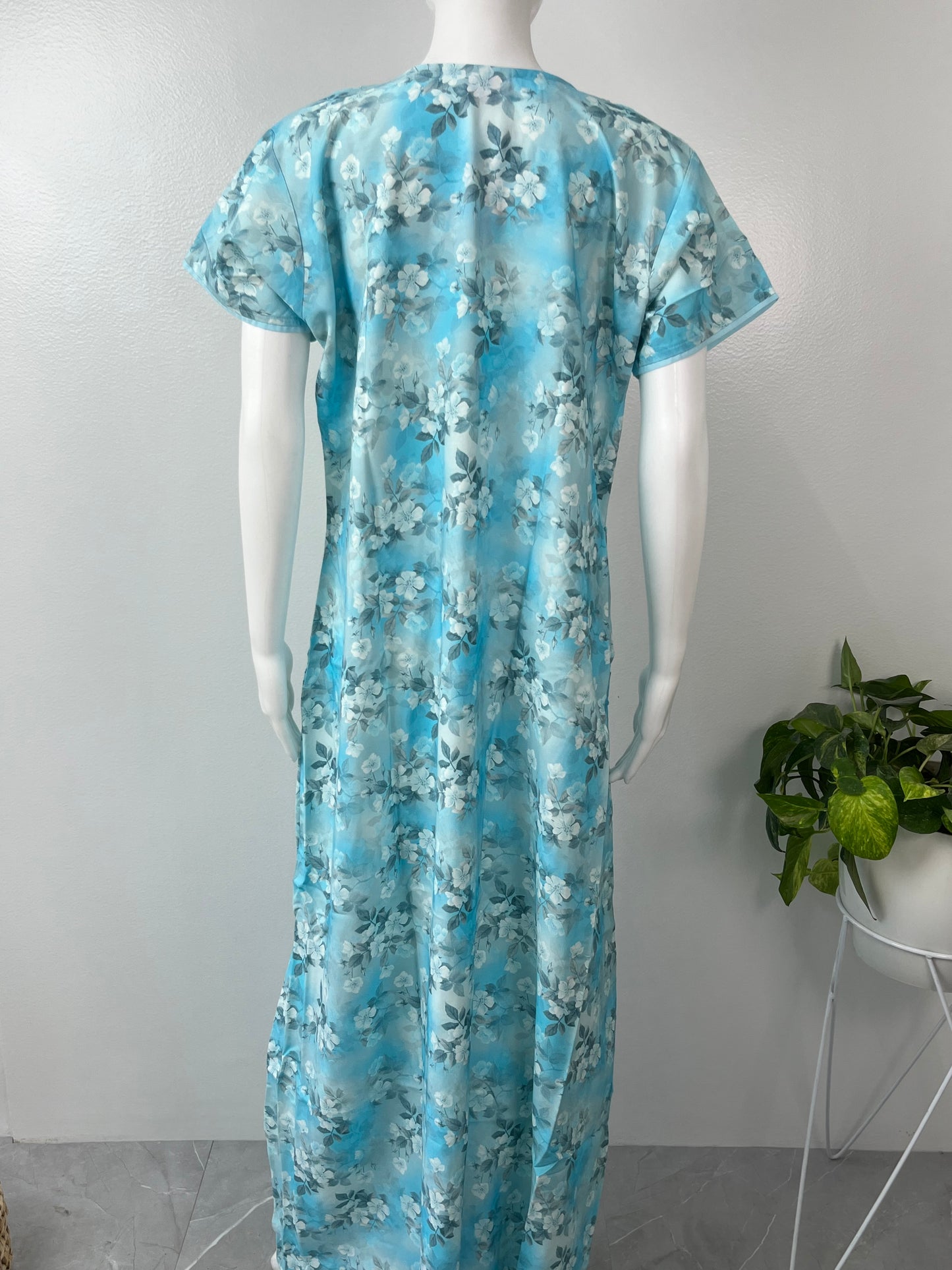 Sky Blue Floral Rayon Fabric Nightgown Silky Texture