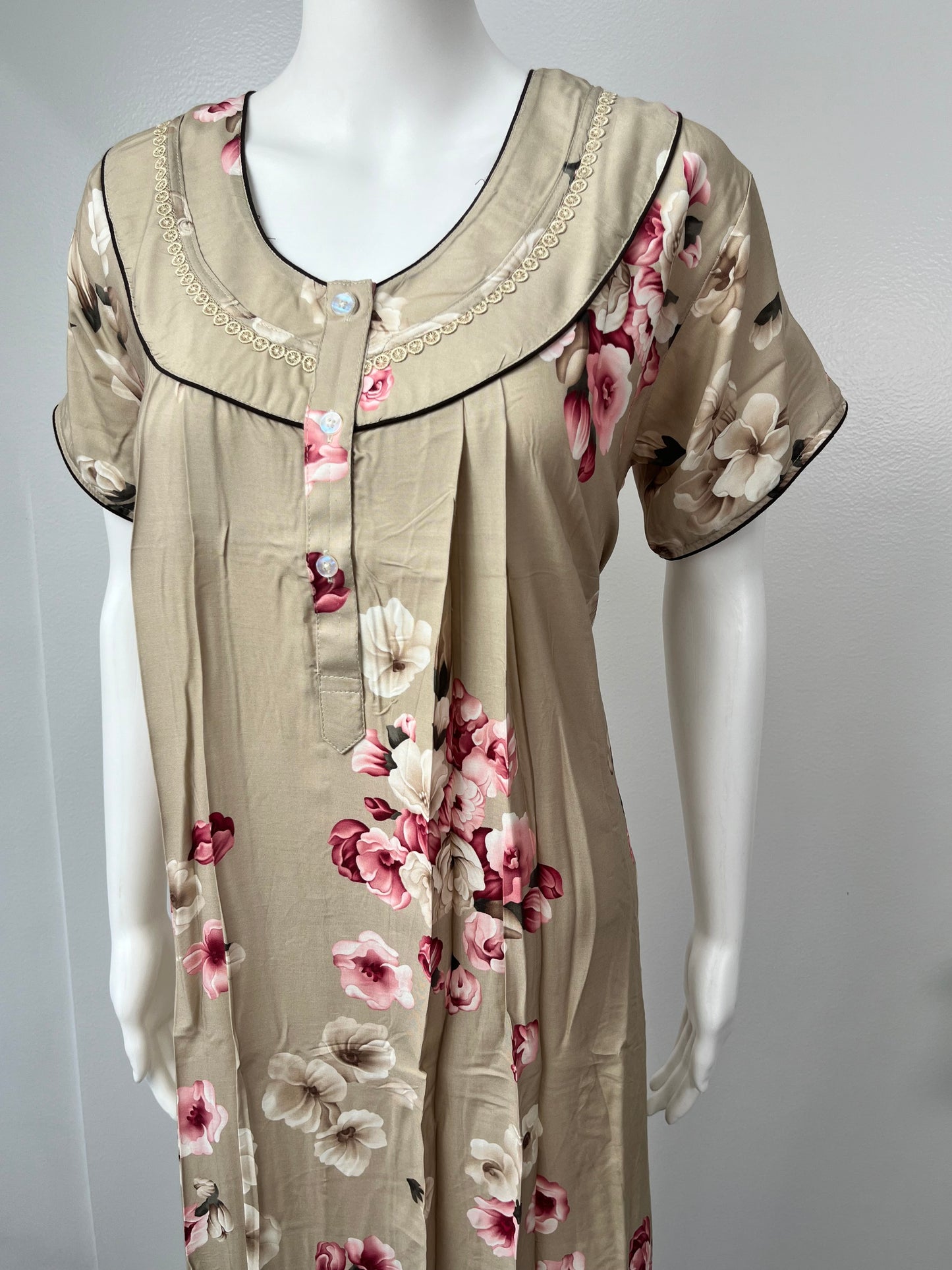 Beige Floral Printed Rayon Nighty for Women