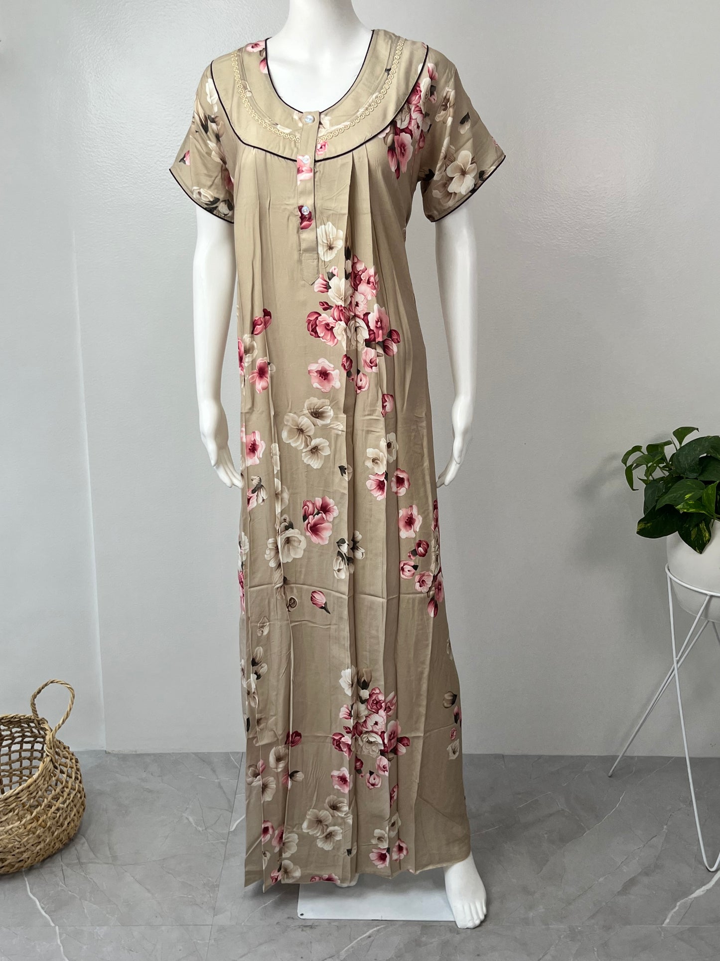 Beige Floral Printed Rayon Nighty for Women