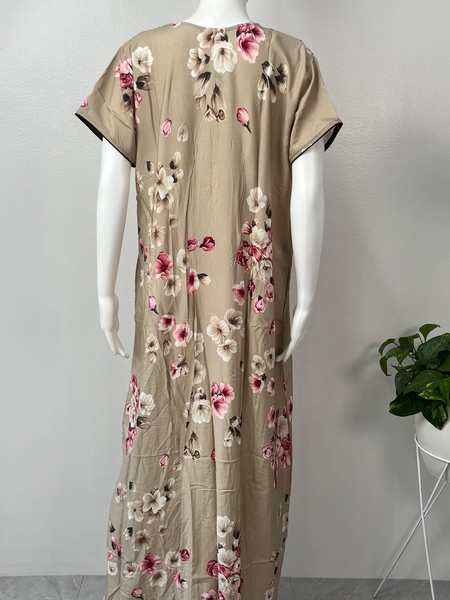 Beige Floral Printed Rayon Nighty for Women