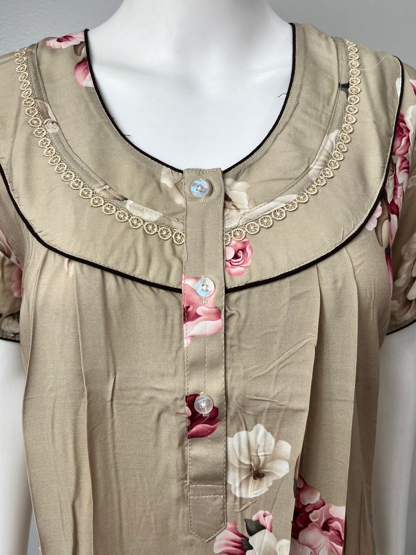 Beige Floral Printed Rayon Nighty for Women