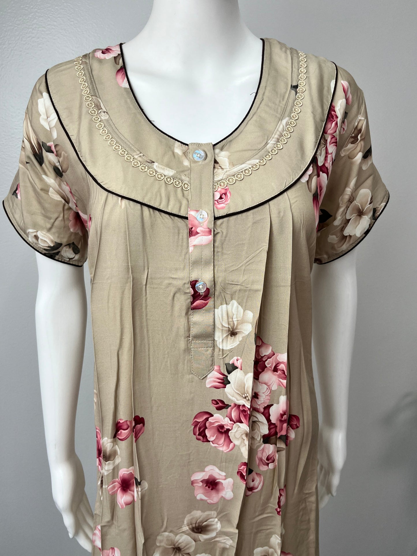 Beige Floral Printed Rayon Nighty for Women