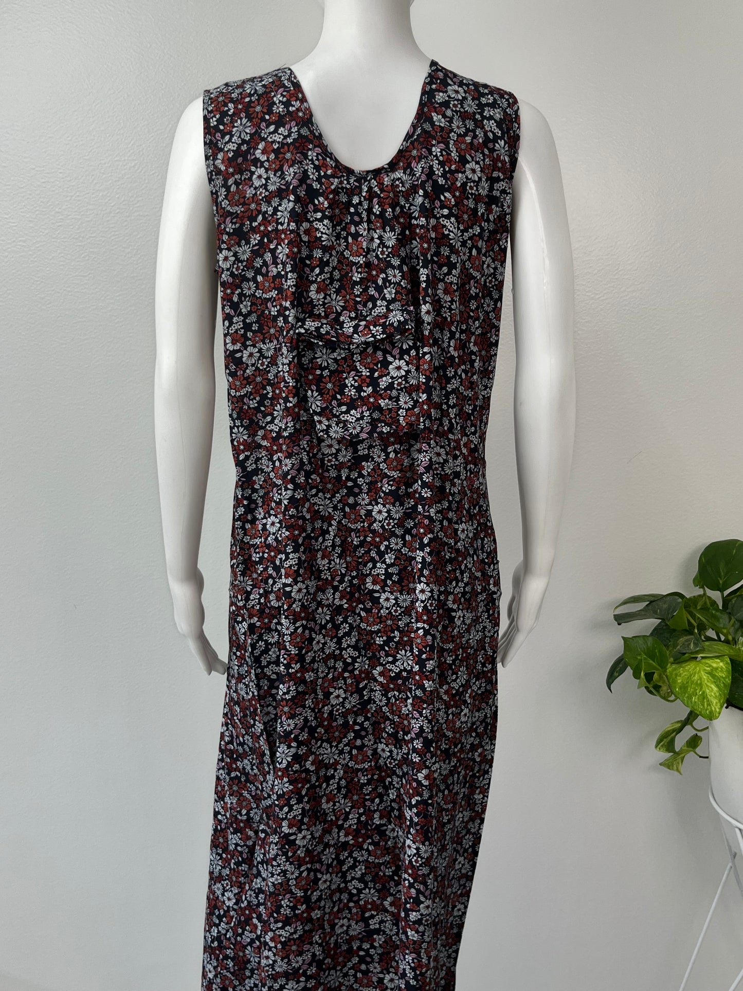 Navy Blue Floral Printed Sleeveless Rayon Nightgown For Women