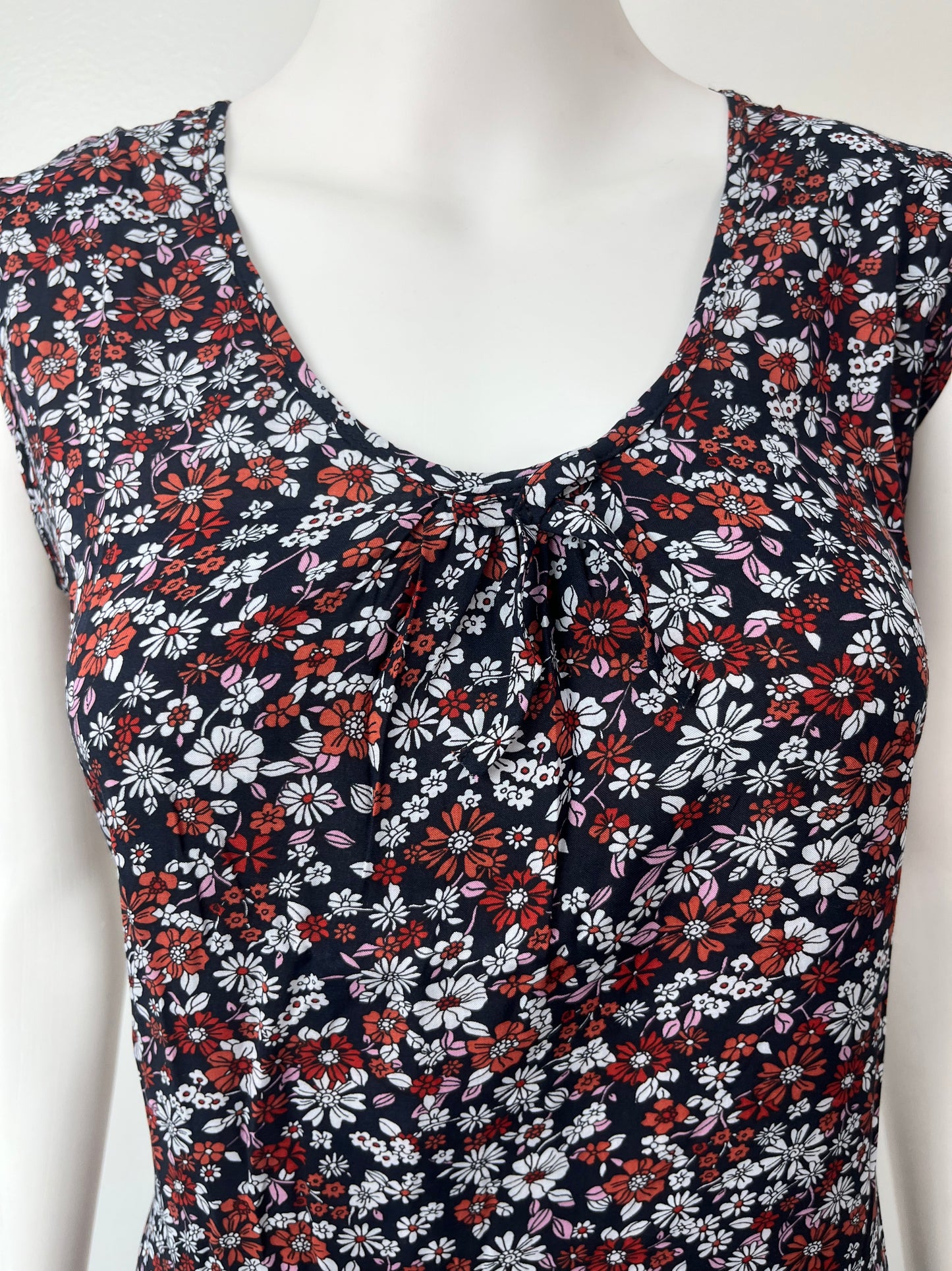 Navy Blue Floral Printed Sleeveless Rayon Nightgown For Women
