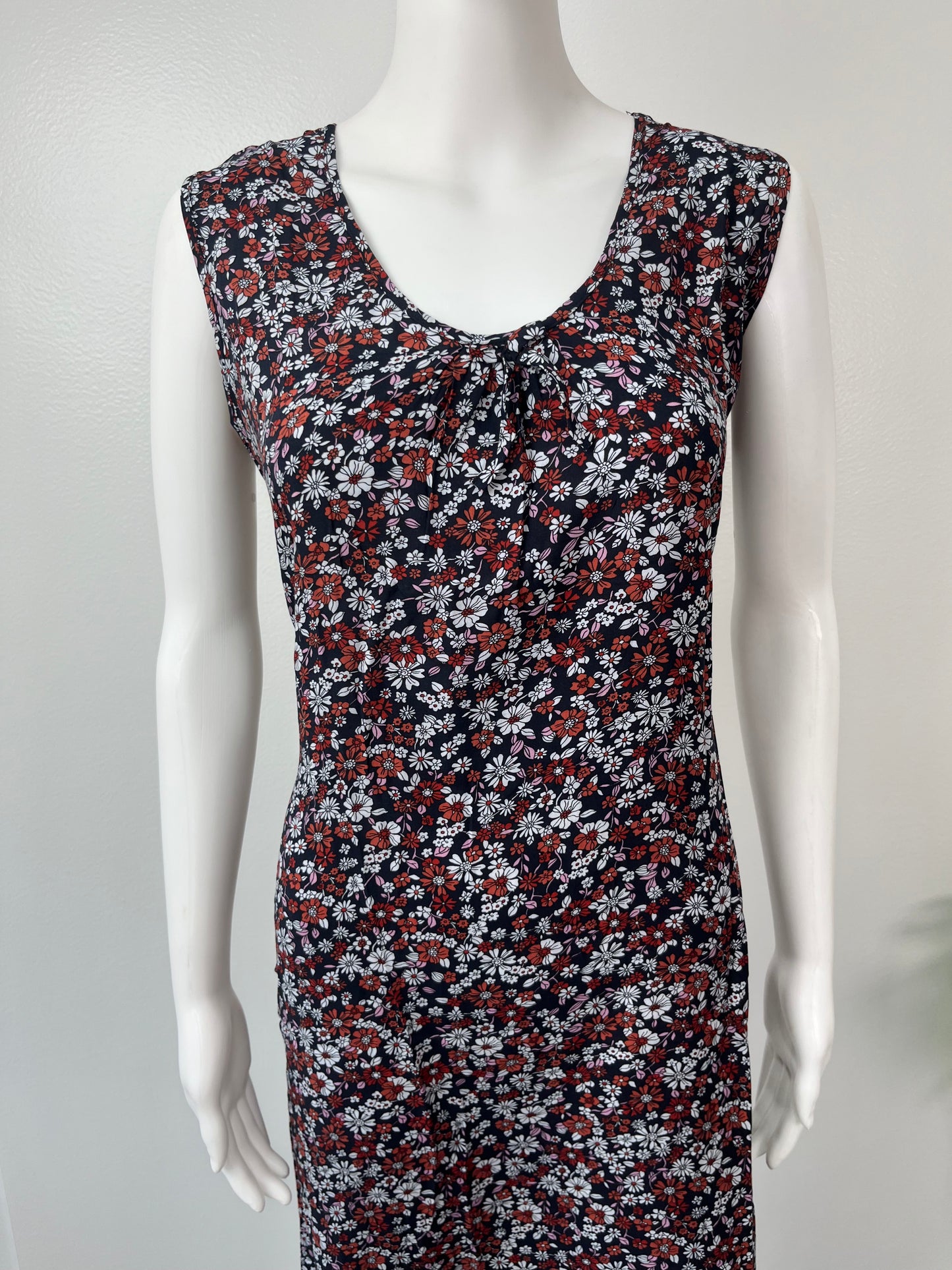 Navy Blue Floral Printed Sleeveless Rayon Nightgown For Women