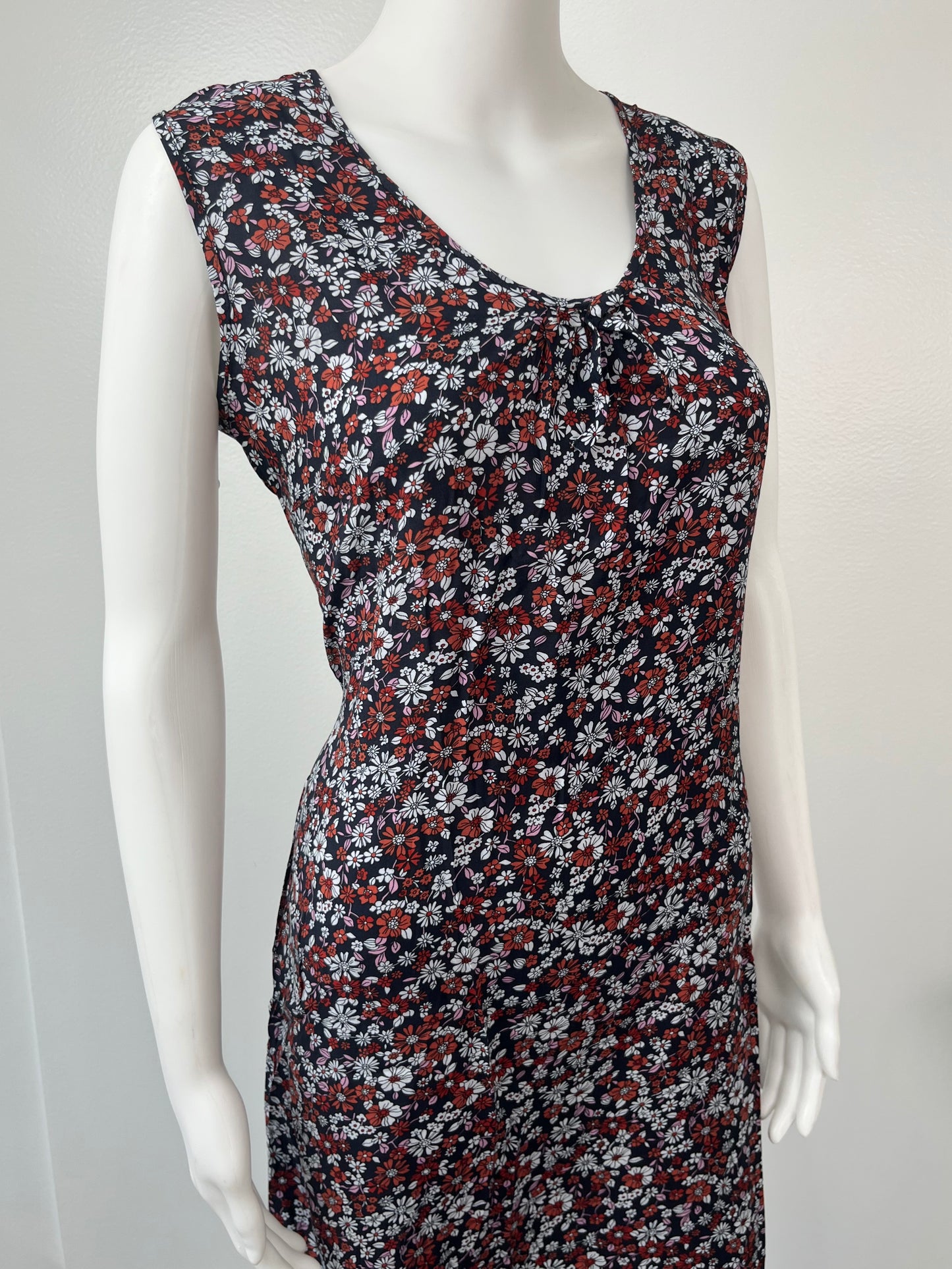 Navy Blue Floral Printed Sleeveless Rayon Nightgown For Women
