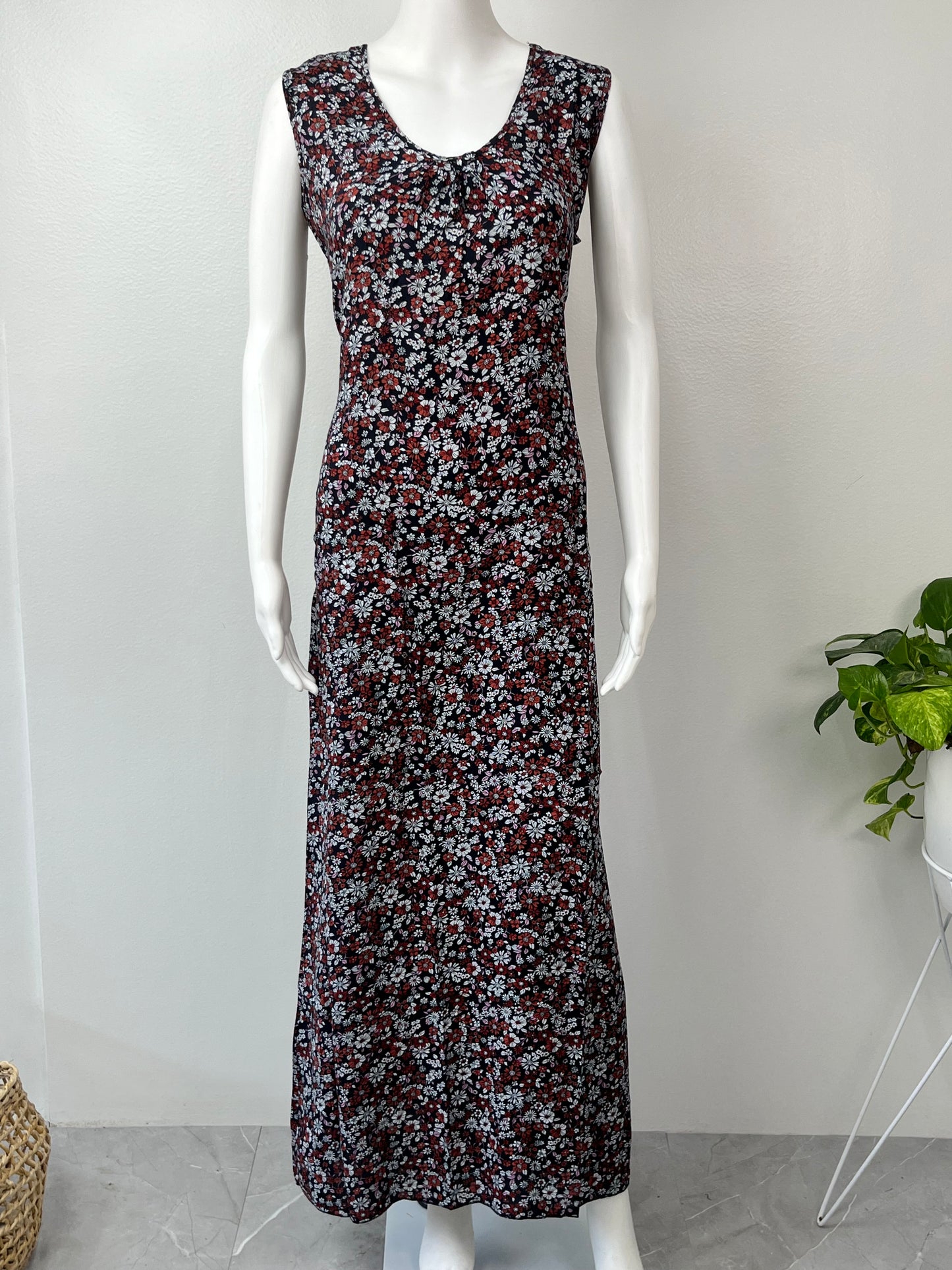 Navy Blue Floral Printed Sleeveless Rayon Nightgown For Women