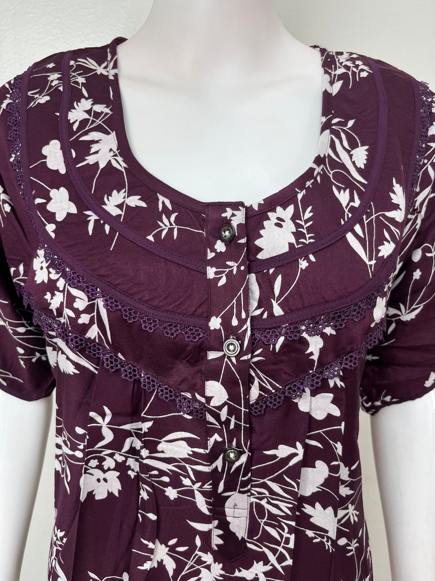 Wine Floral Rayon Satin Fabric Nighty for Women