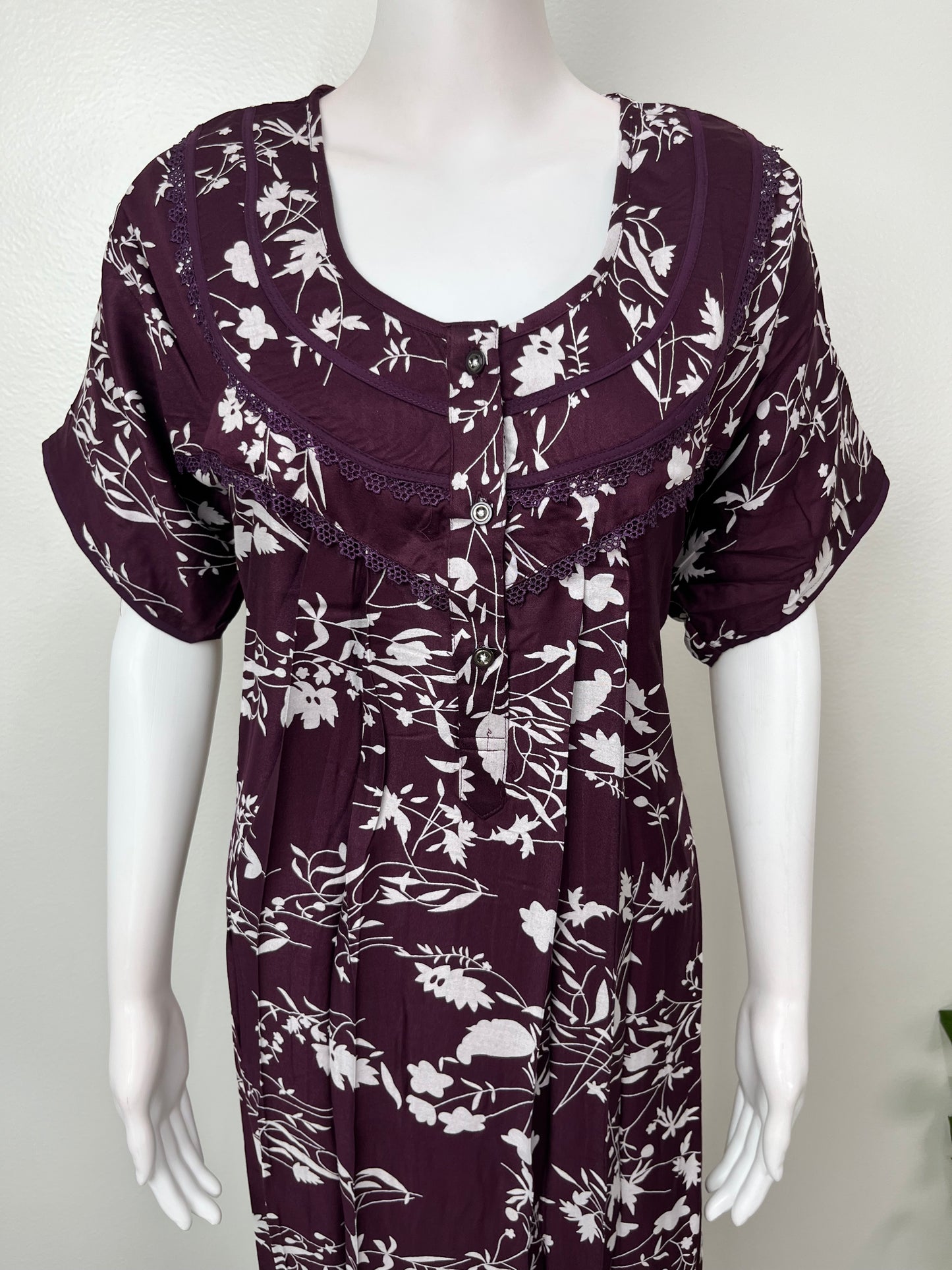 Wine Floral Rayon Satin Fabric Nighty for Women