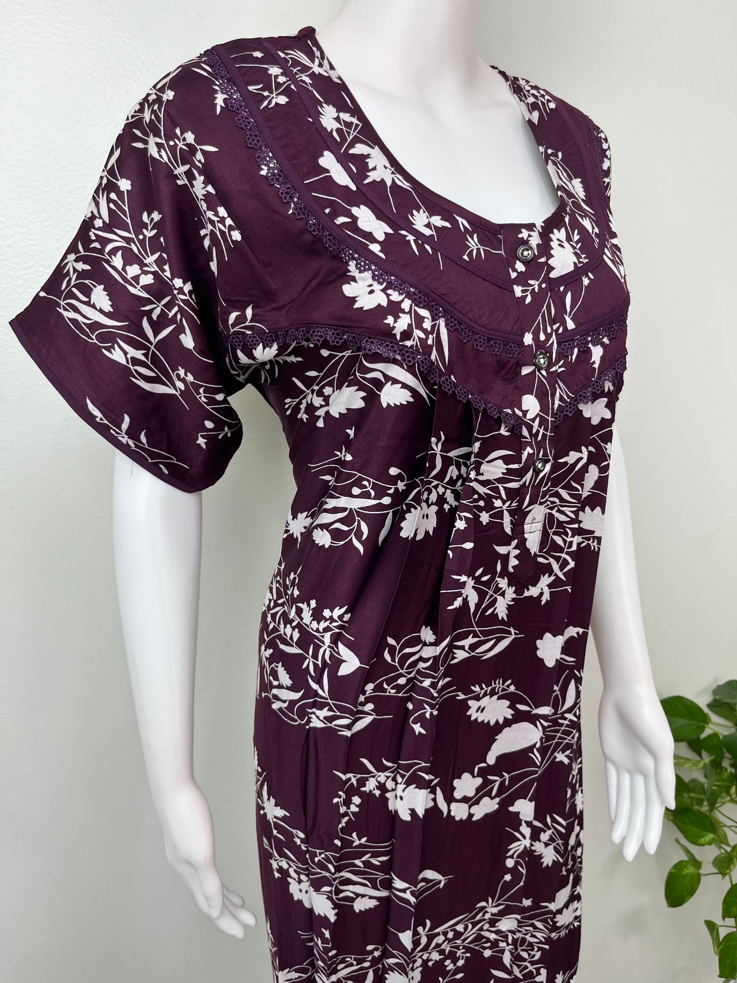 Wine Floral Rayon Satin Fabric Nighty for Women