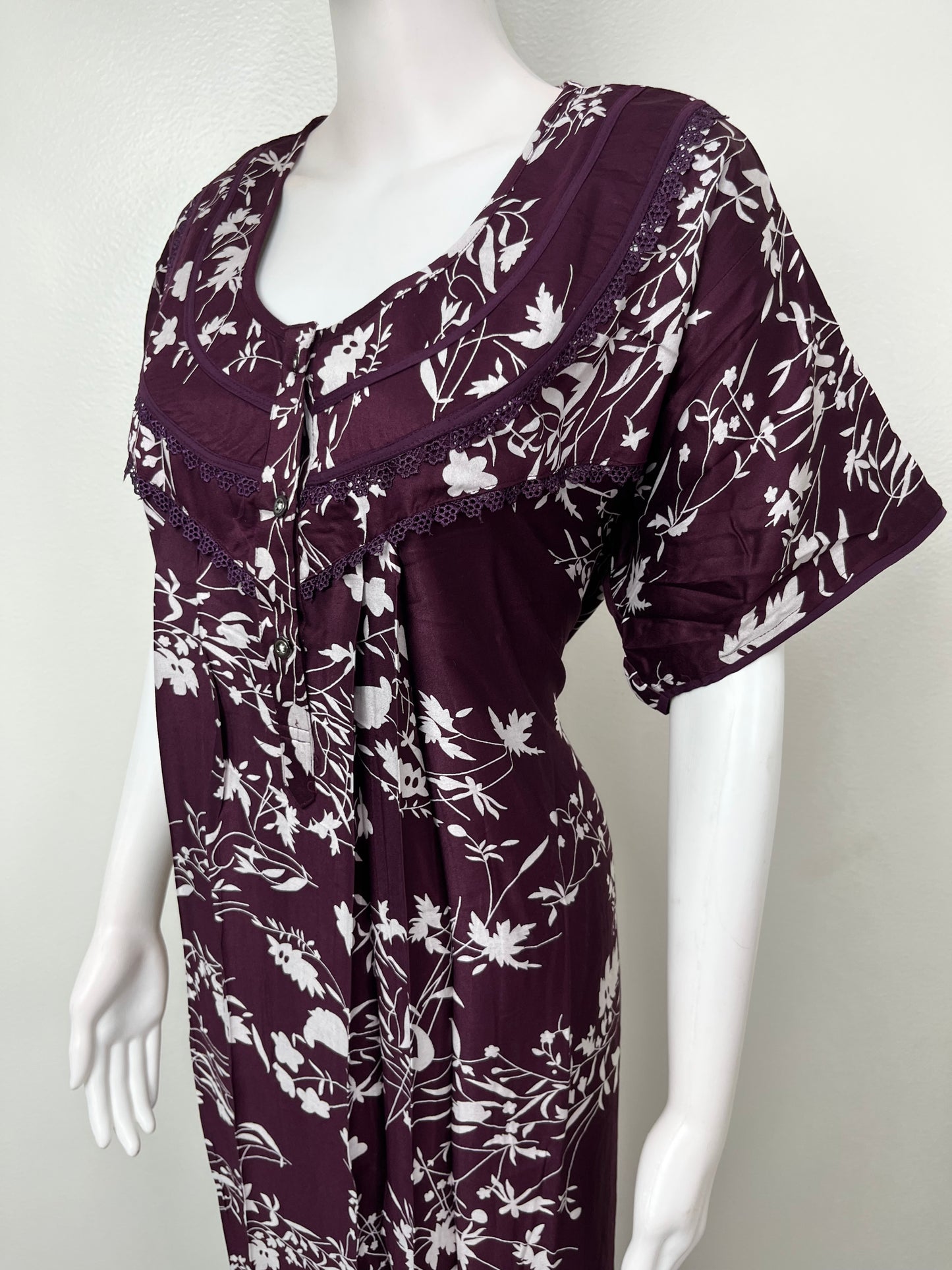 Wine Floral Rayon Satin Fabric Nighty for Women