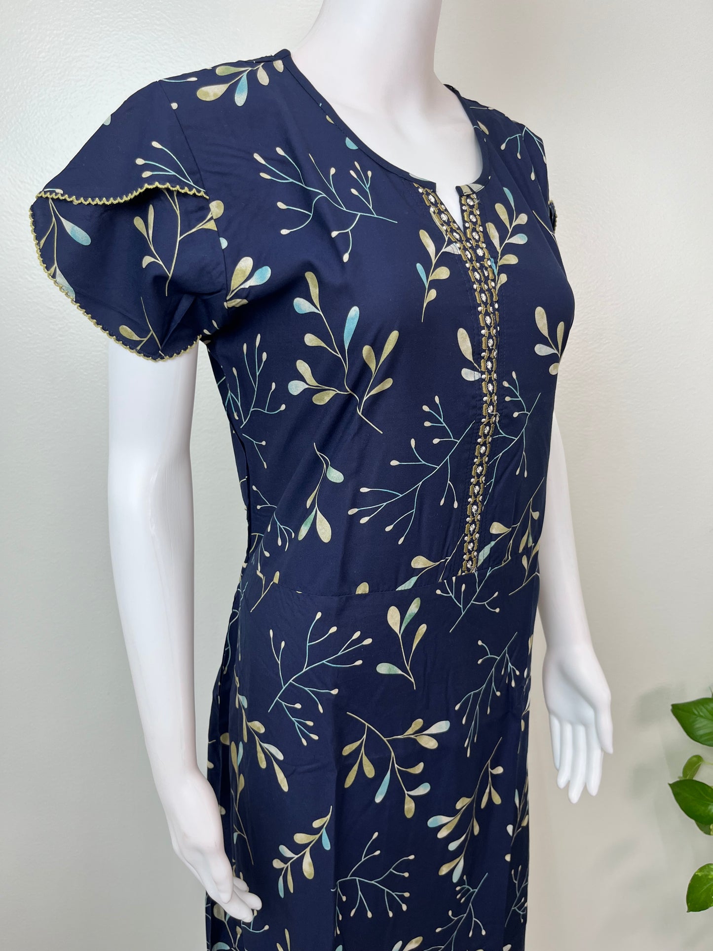 Navy Blue Umbrella Floral Printed Rayon Nighty for Women