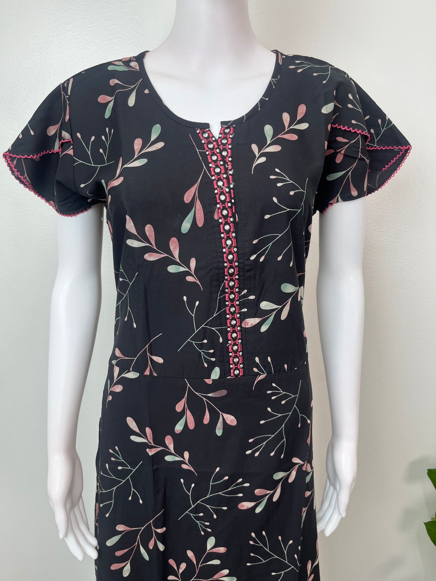 Black Floral Frock Style Rayon Fabric Nightgown