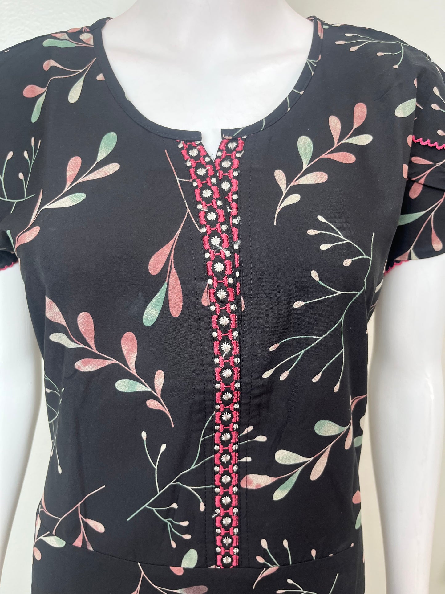 Black Floral Frock Style Rayon Fabric Nightgown