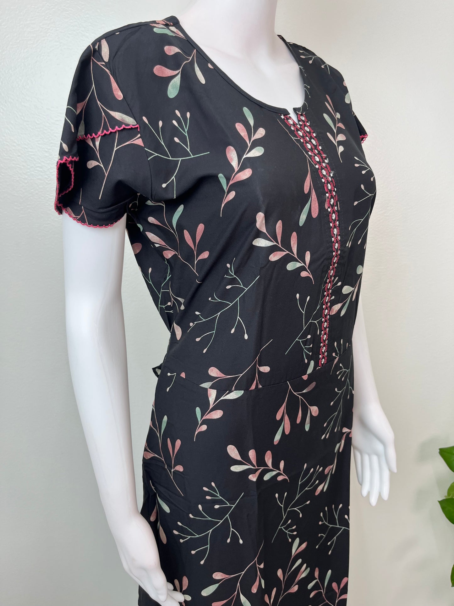 Black Floral Frock Style Rayon Fabric Nightgown