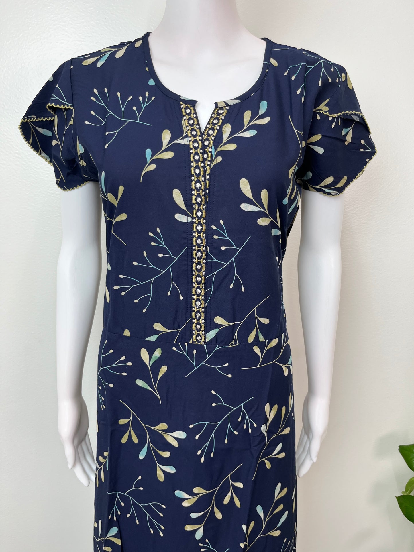 Navy Blue Umbrella Floral Printed Rayon Nighty for Women