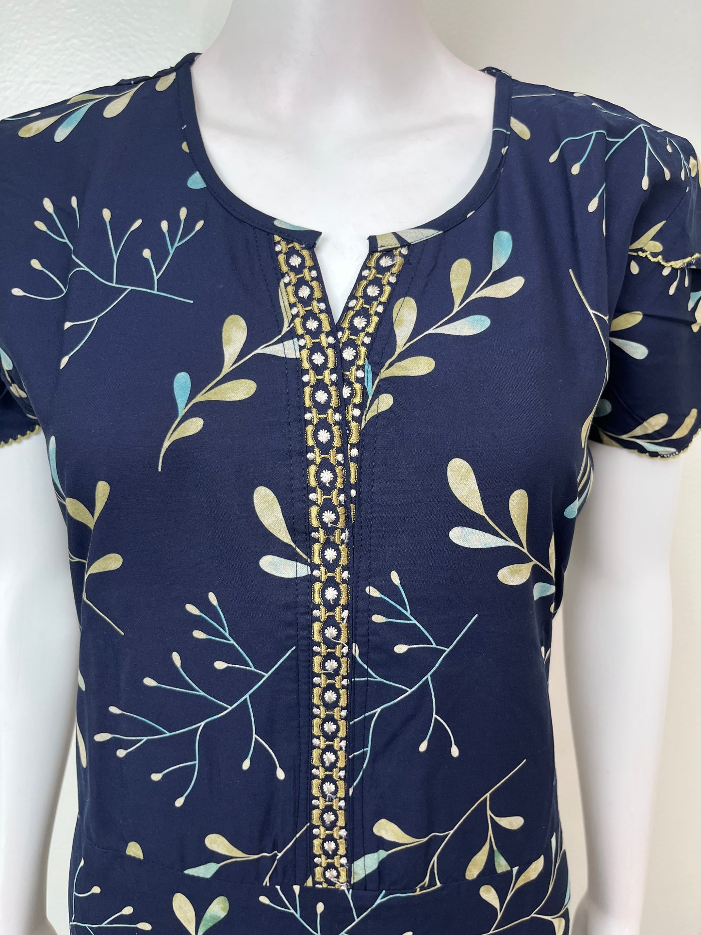 Navy Blue Umbrella Floral Printed Rayon Nighty for Women