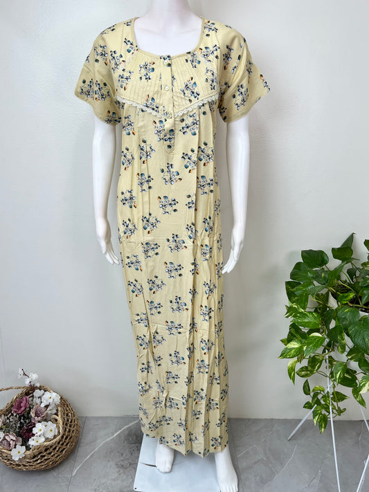 Lemon Yellow Floral Printed Rayon Fabric Nightgown