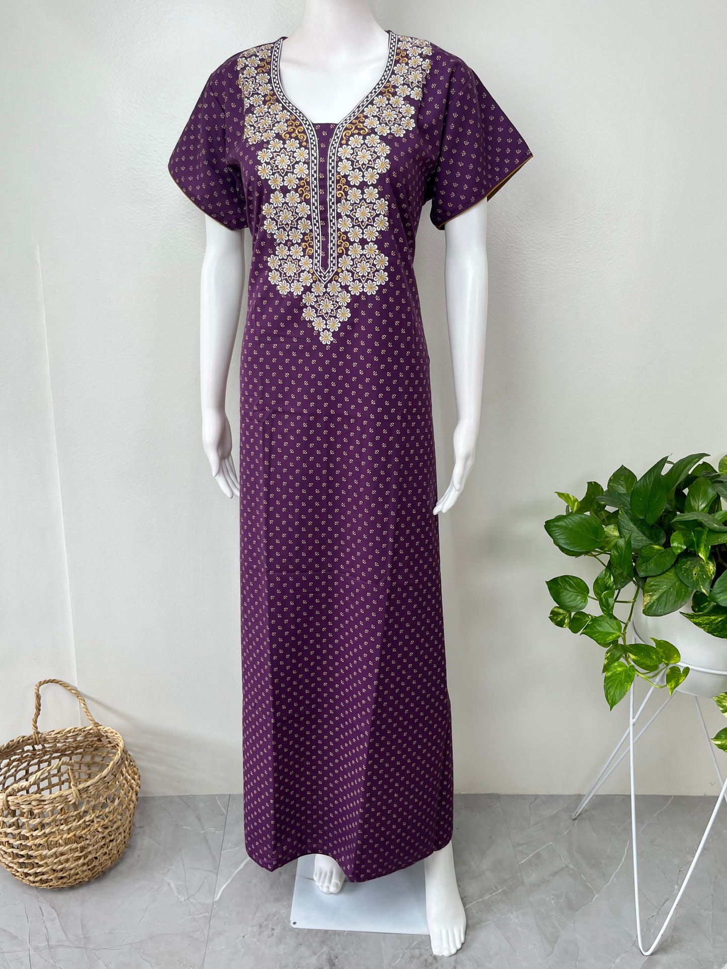 Purple Graceful Spun fabric Nightgown with Embroidery