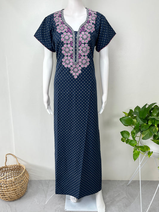 Navy Blue Delicate Embroidery Spun Fabric Nighty