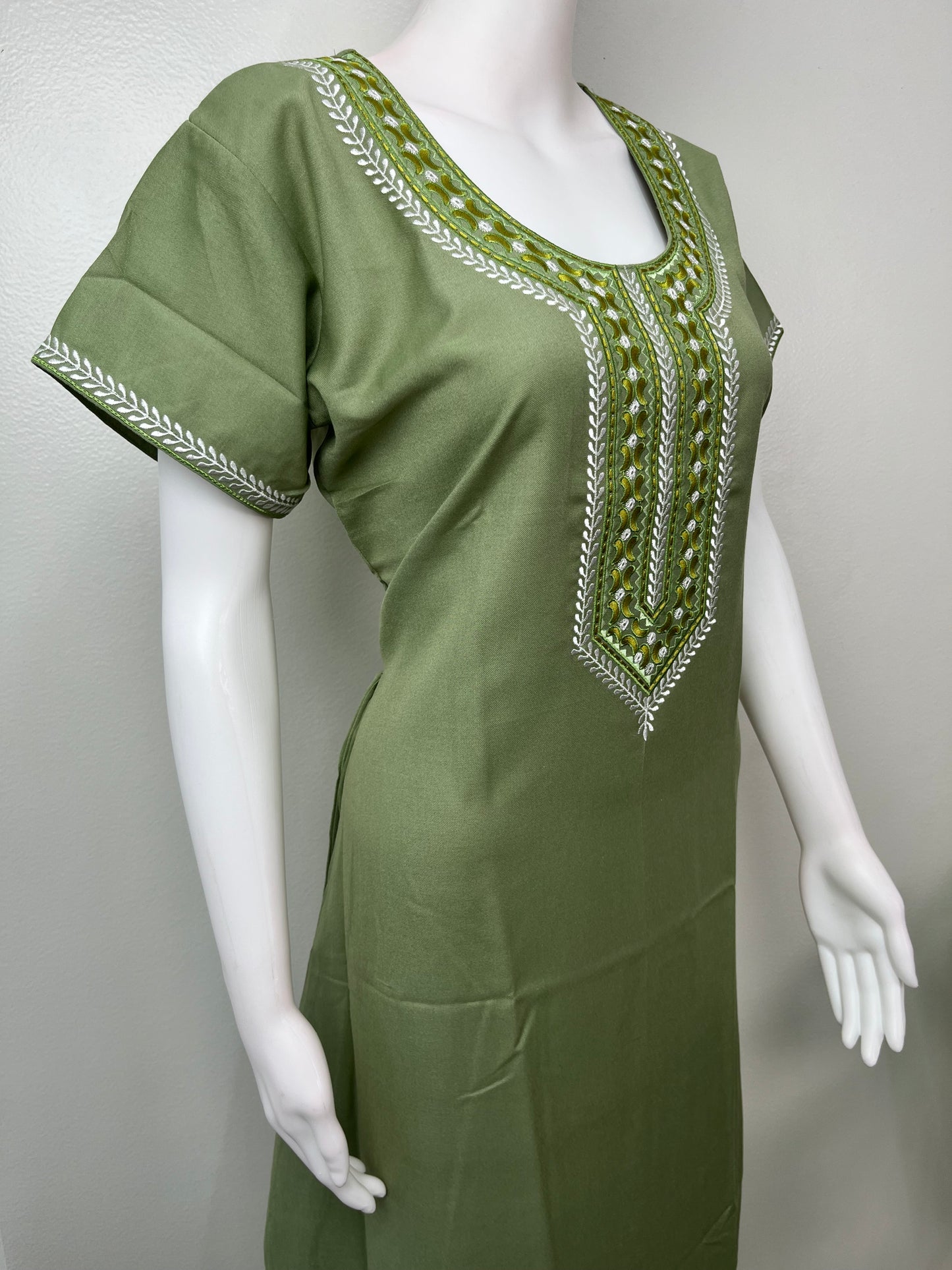 Olive Green Delicate Embroidery Spun Fabric Nighty
