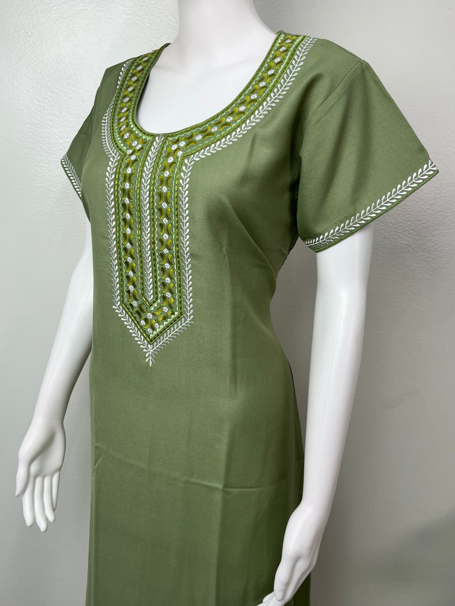 Olive Green Delicate Embroidery Spun Fabric Nighty