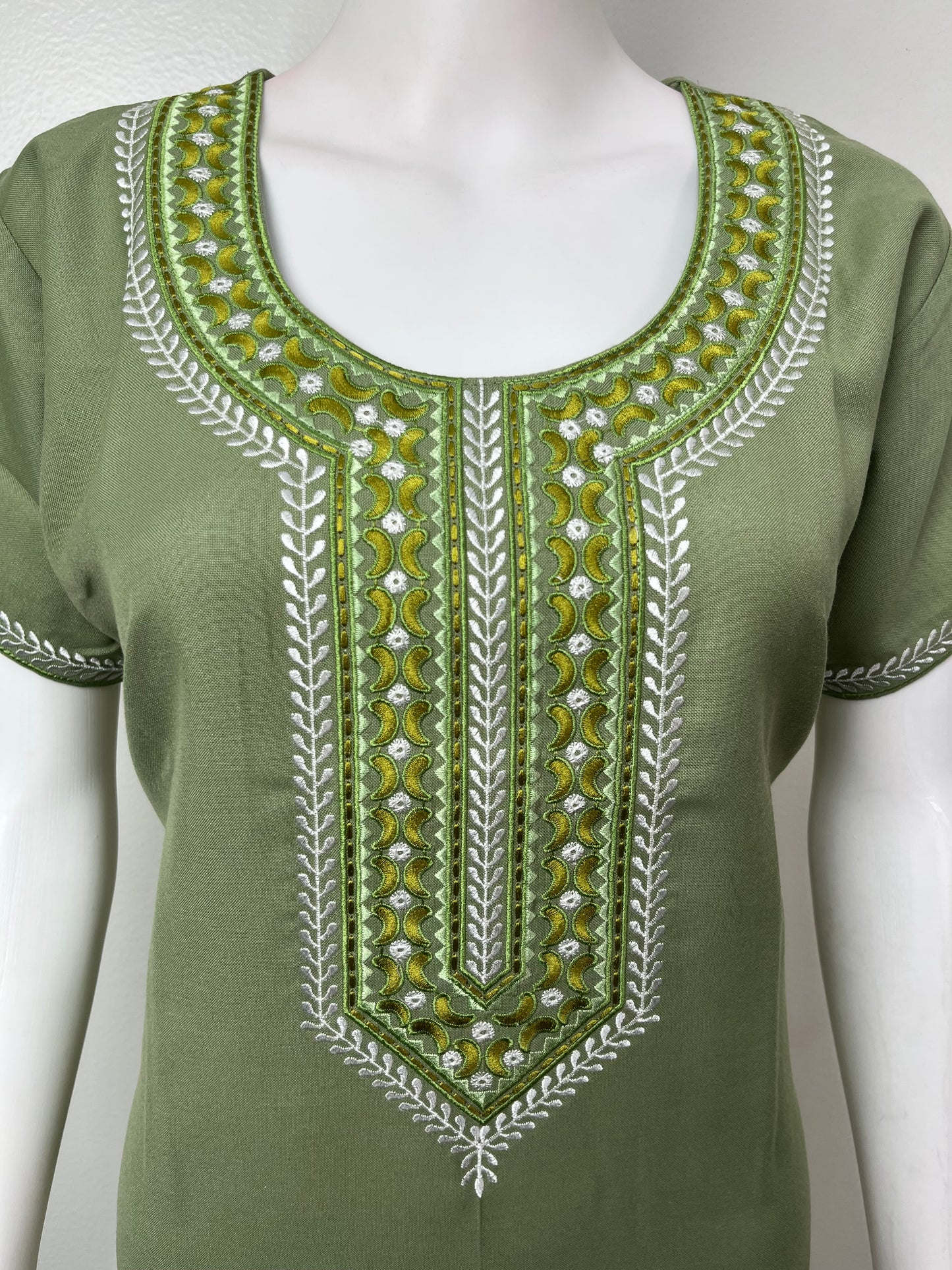 Olive Green Delicate Embroidery Spun Fabric Nighty