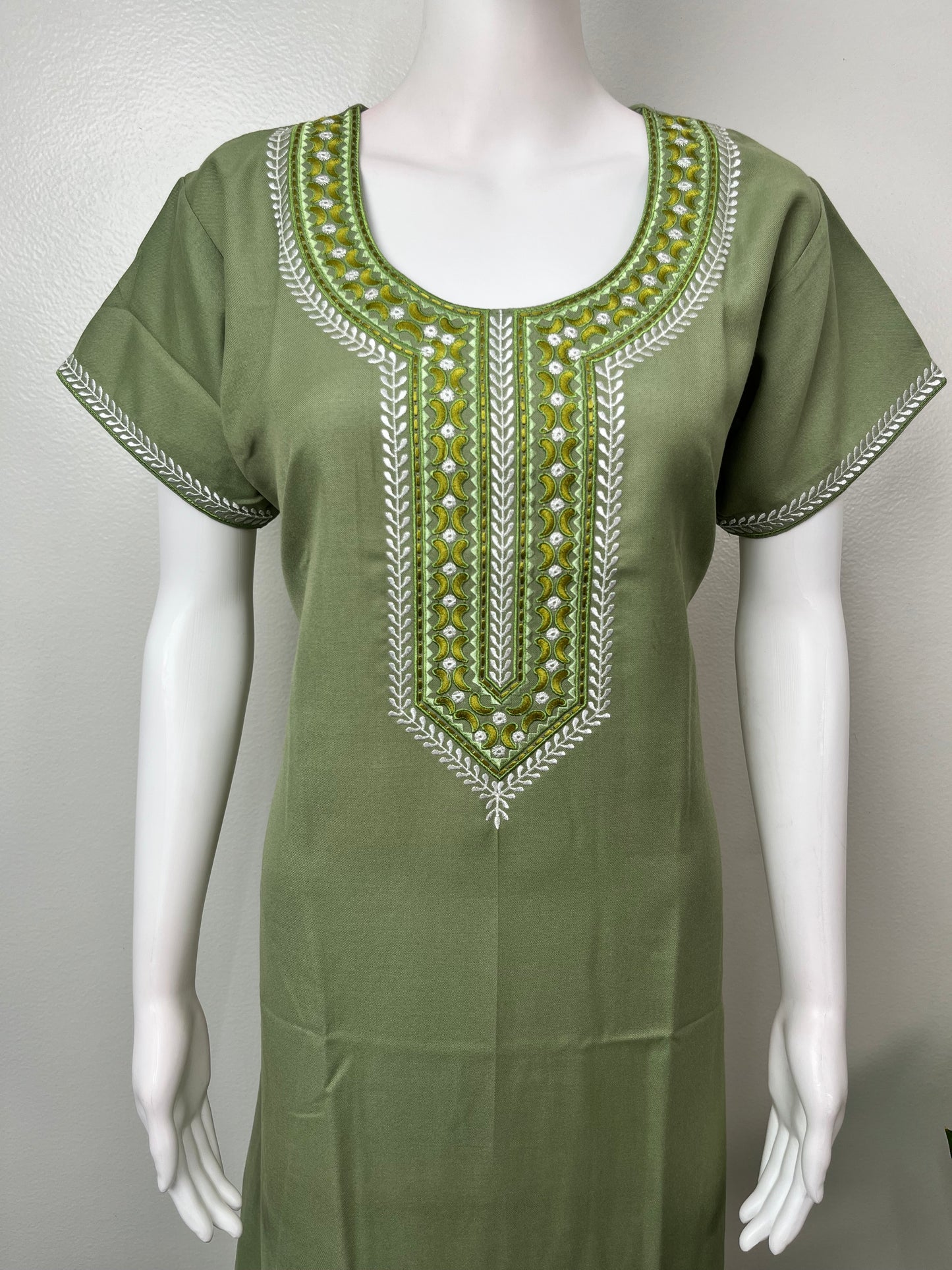 Olive Green Delicate Embroidery Spun Fabric Nighty