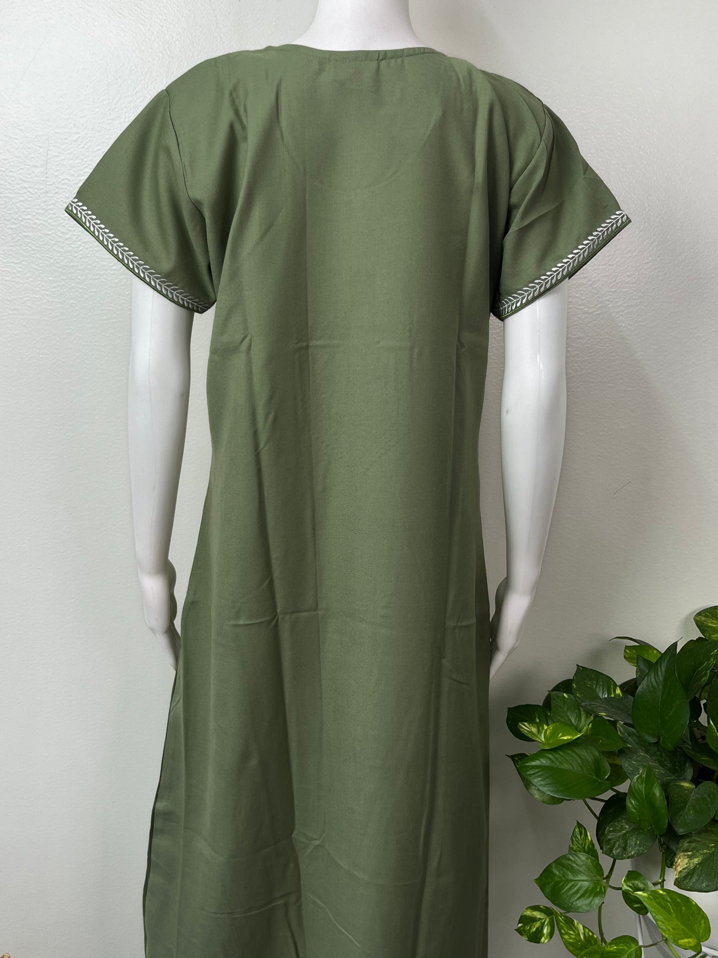 Olive Green Delicate Embroidery Spun Fabric Nighty
