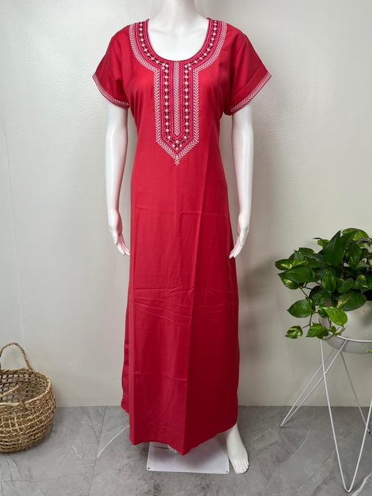 Red Graceful Spun Fabric Nightgown with Embroidery