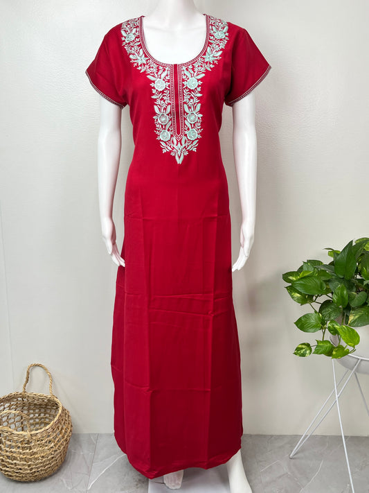 Crimson Premium Spun Fabric Embroidered Nightgown