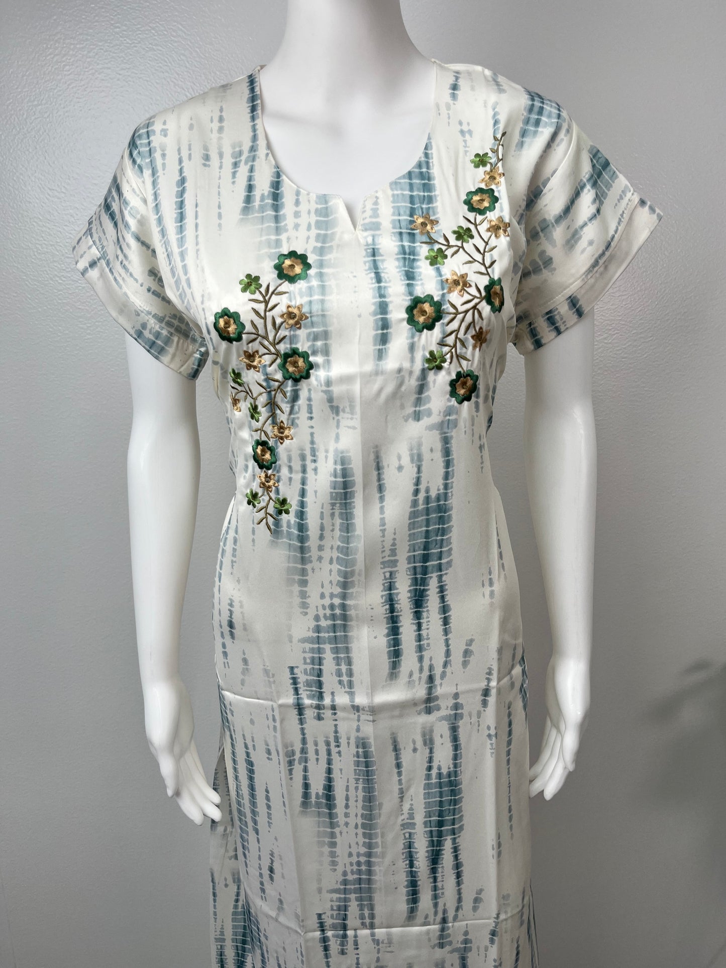 Blue Printed Satin Nightgown for Women
