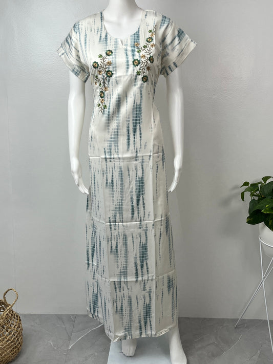Blue Printed Satin Nightgown for Women