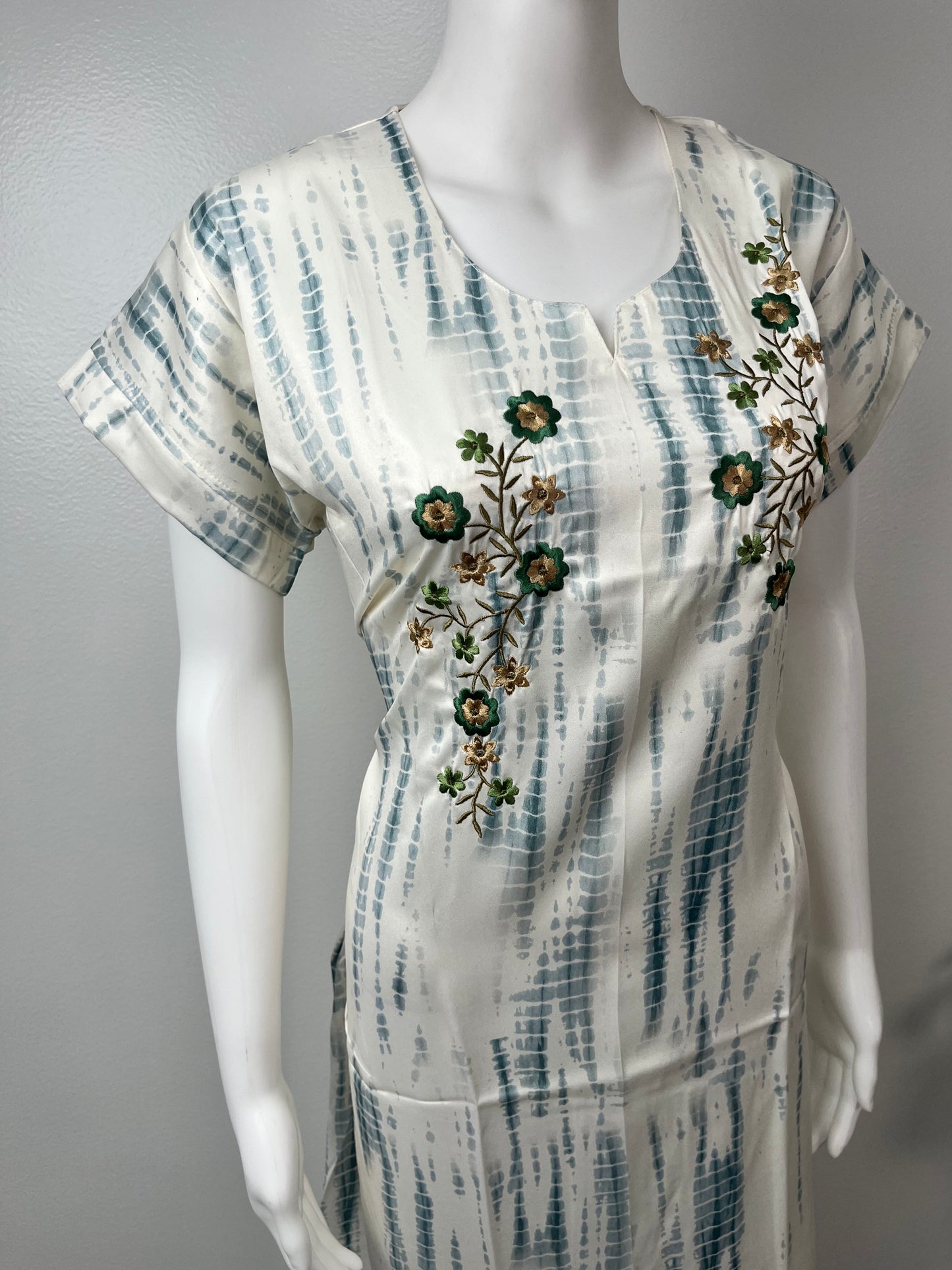 Blue Printed Satin Nightgown for Women