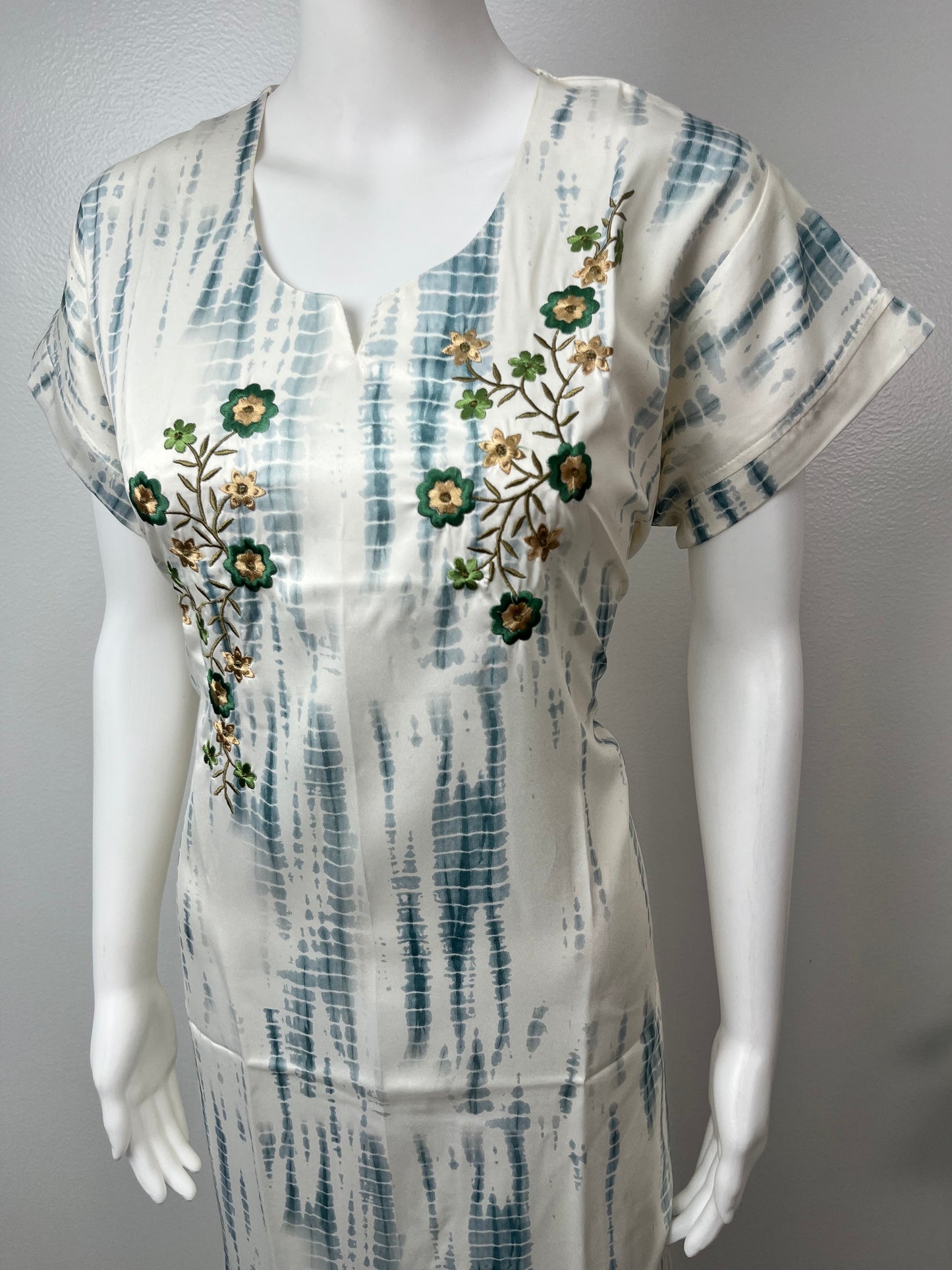 Blue Printed Satin Nightgown for Women