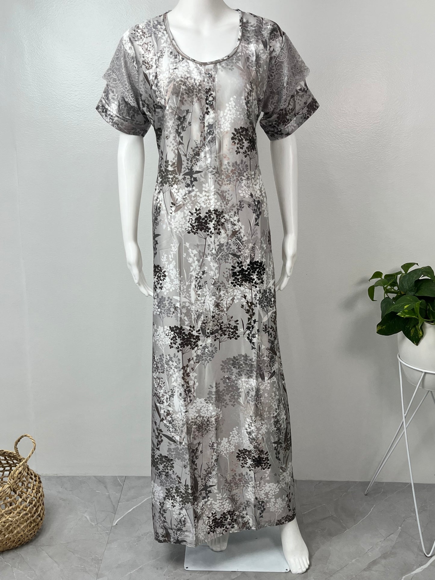 Grey Abstract Soft Satin Nightgown