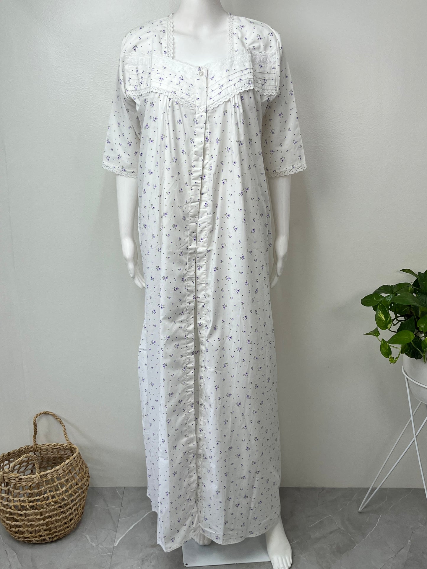 Lavender White Floral 2-Piece Cotton Nightgown Set