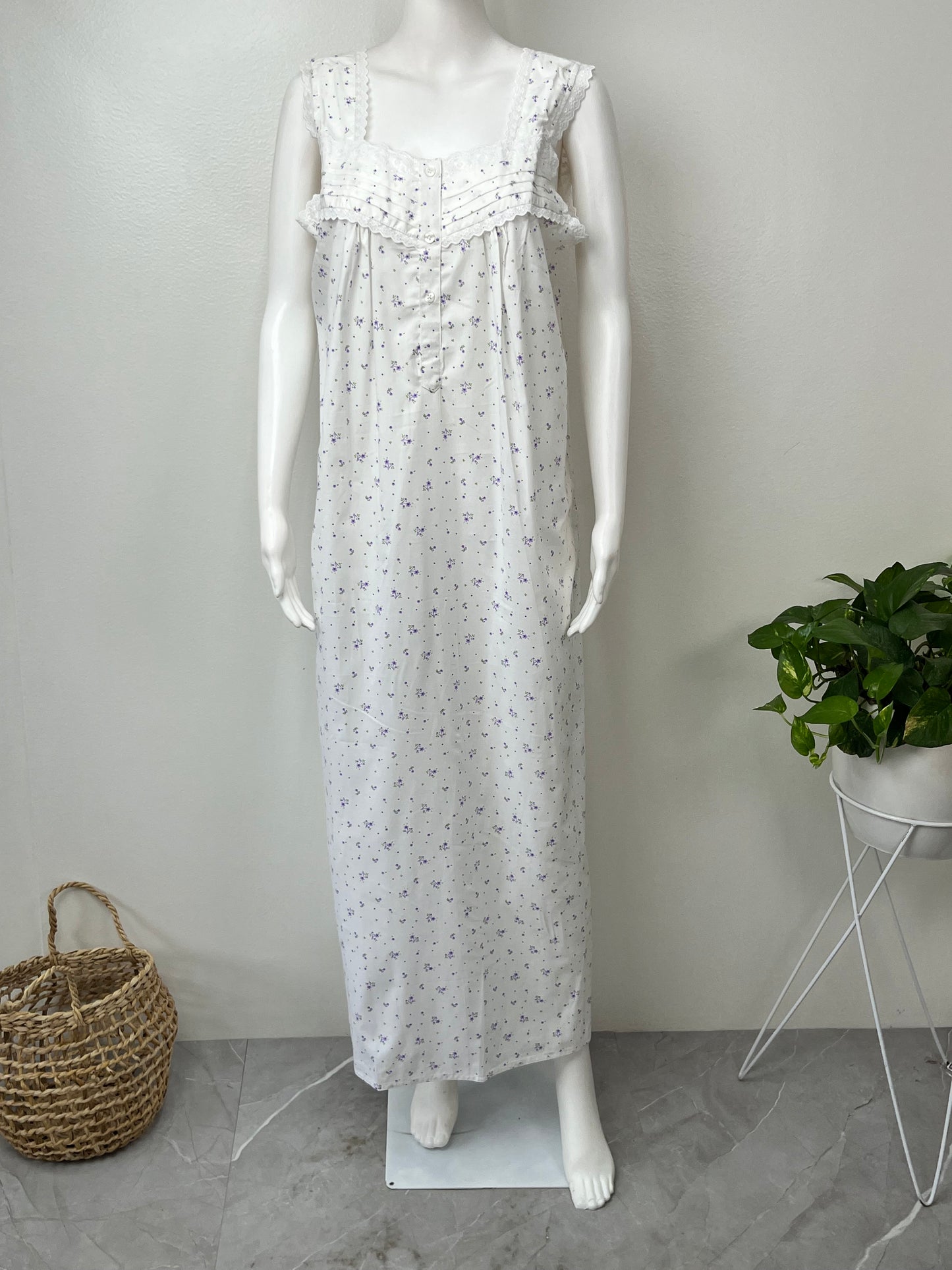 Lavender White Floral 2-Piece Cotton Nightgown Set