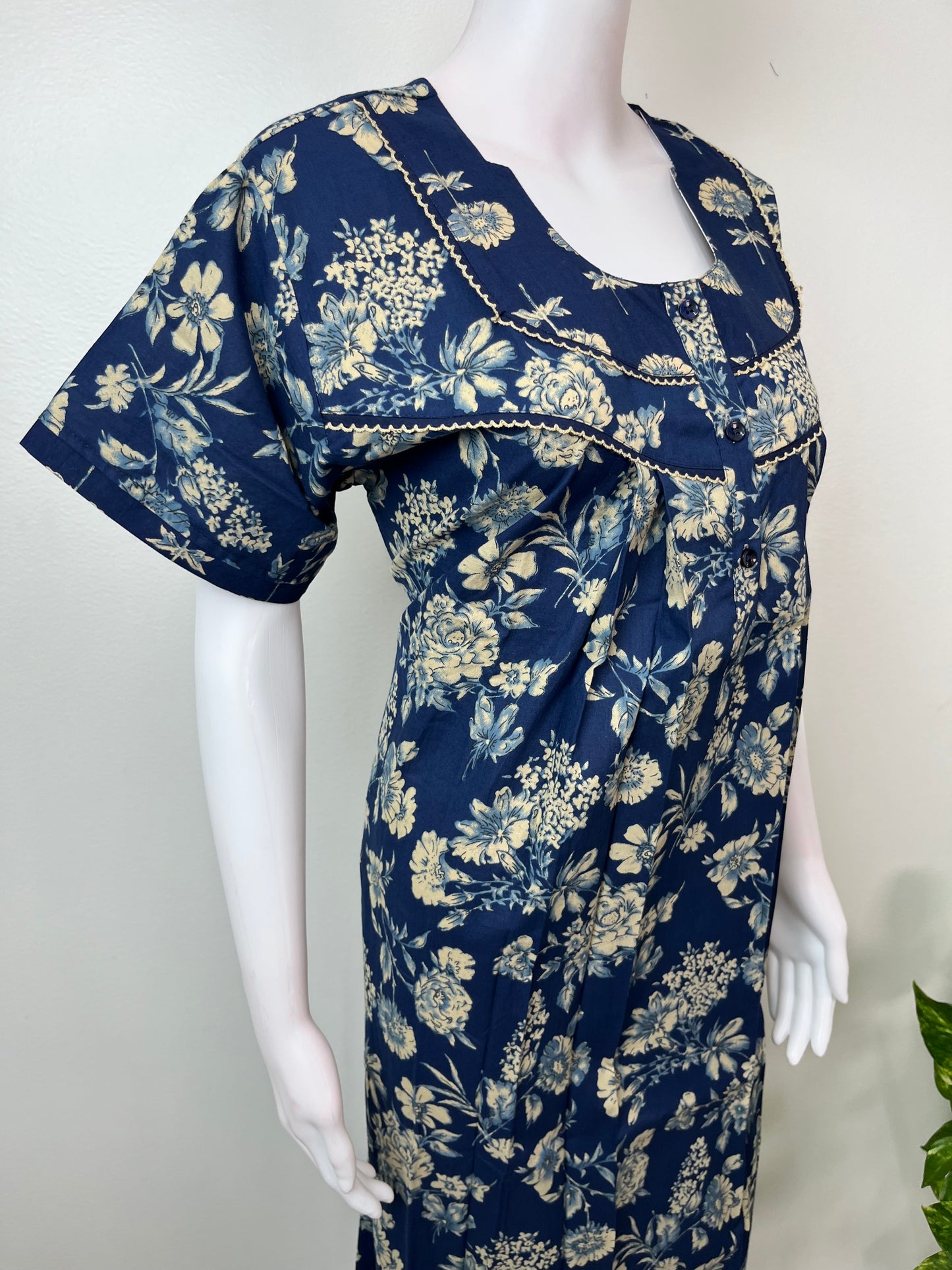 Navy Blue Pleated 100% Cotton Nightgown