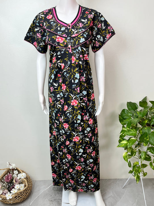 Black Pure Cotton Nighty with Contrast Print