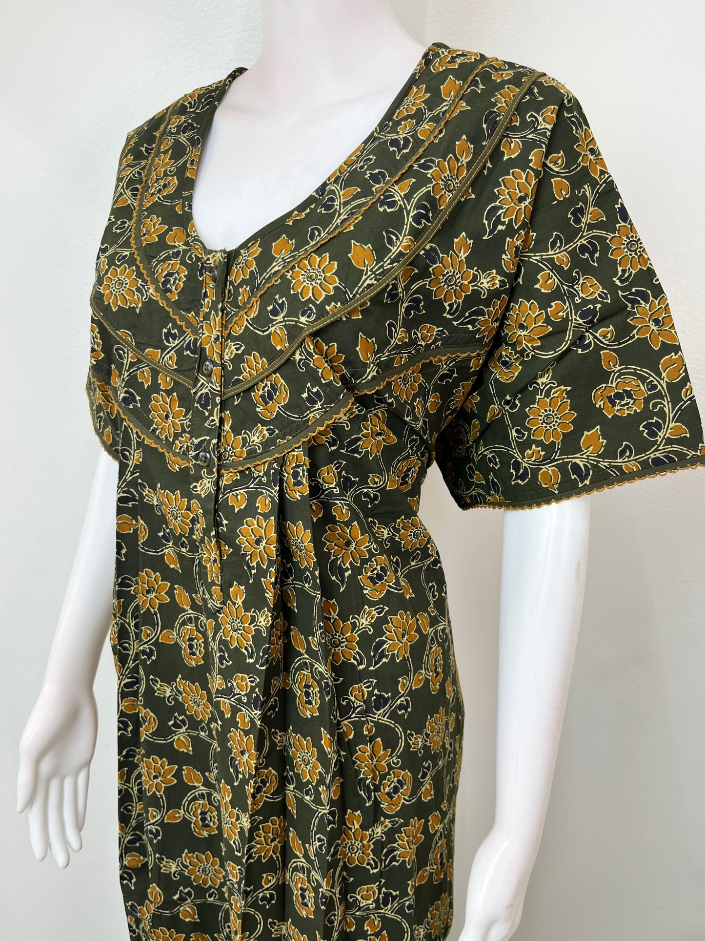 Bottle Green Floral Printed Cotton Nightgown