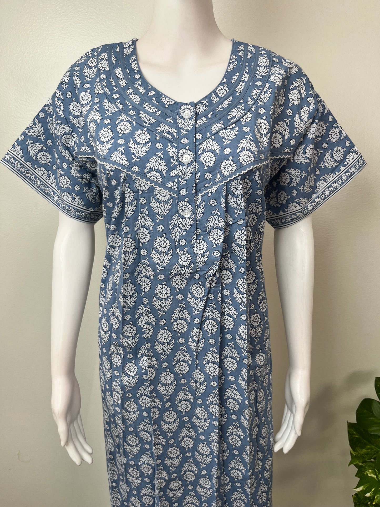 Gray Pleated Style 100% Cotton Nightgown