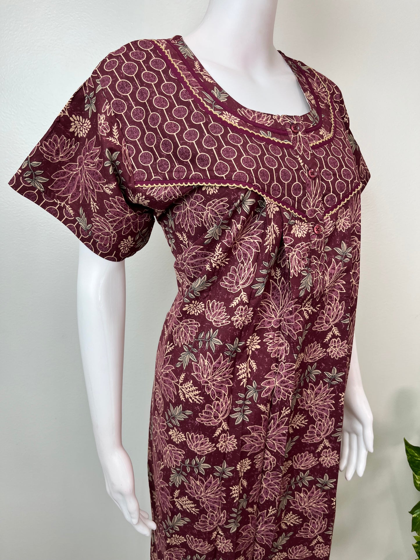 Wine Pure Cotton Nightgown with Double Print