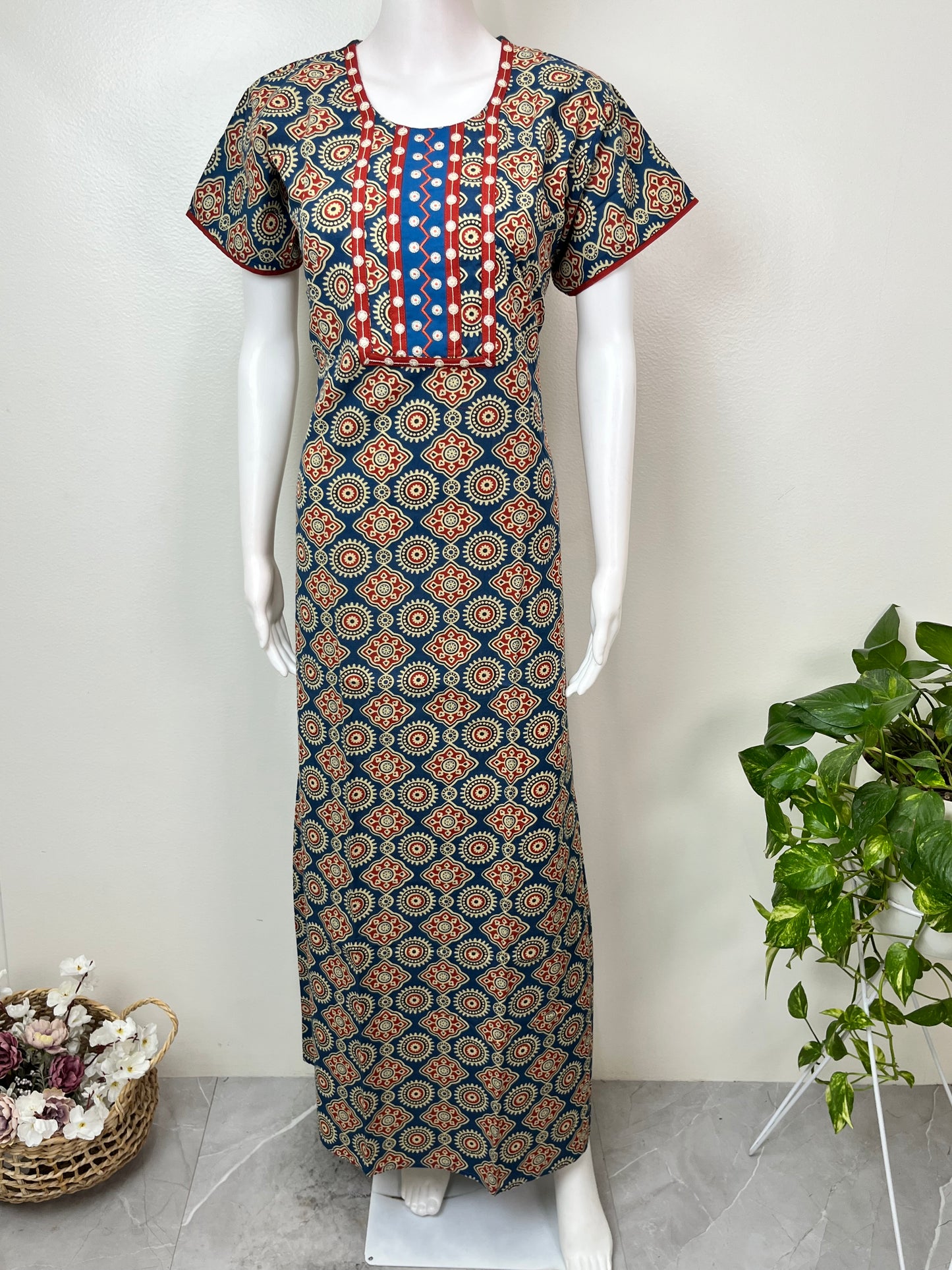 Navy Blue Digital Print 100% Cotton Nightgown