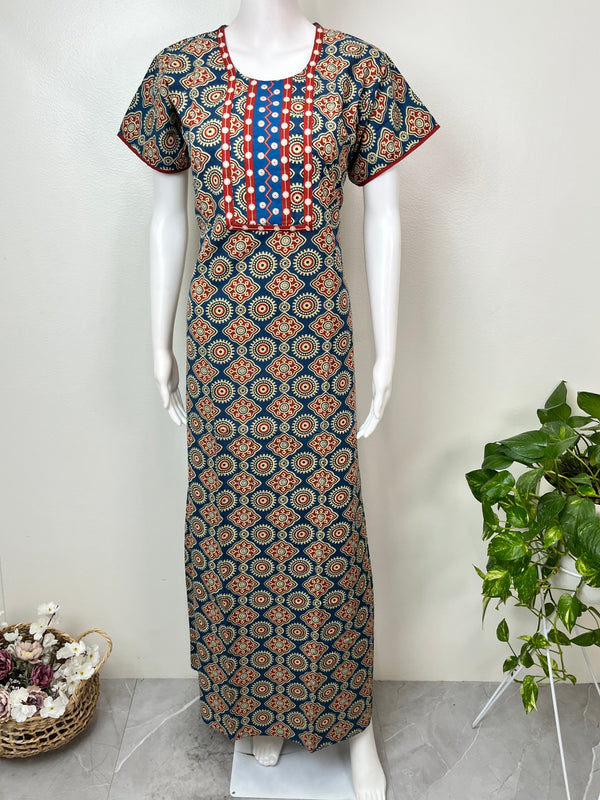 Navy blue digital print 100 percent cotton nightgown for women