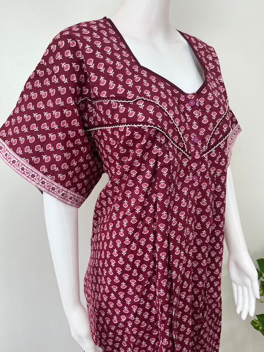 Wine Pleated Pure Cotton Nighty Soft & Comfortable